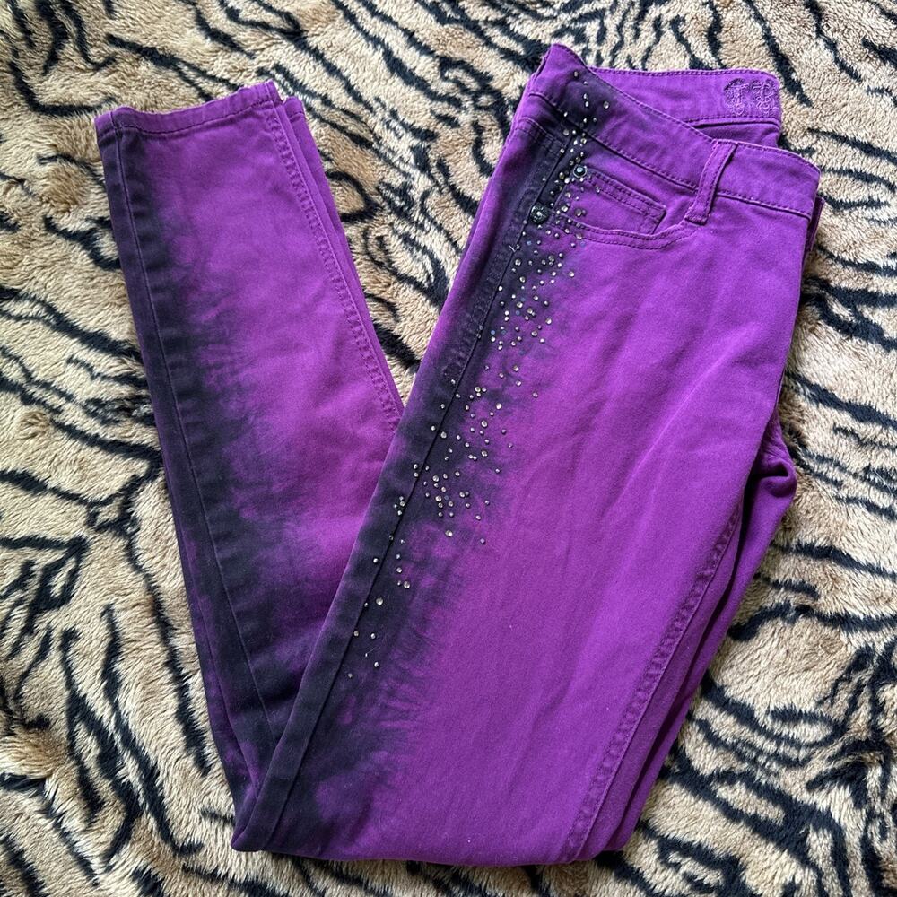 Truce Purple Skinny Jeans Black Sides & Rhinestones Stretch Denim Juniors Sz 5